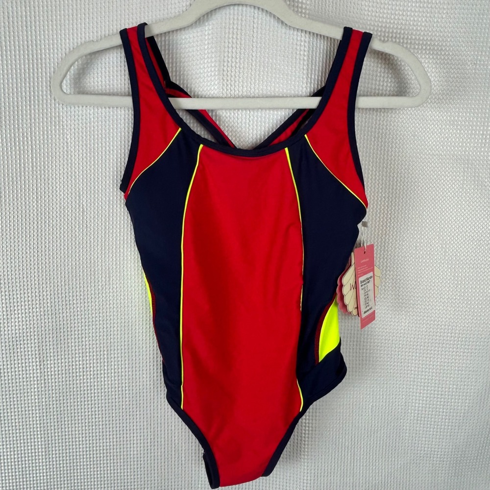 NWT Wantdo Womens One Piece Swimsuit Red Navy Neon Yellow Athletic L1907 Size 12